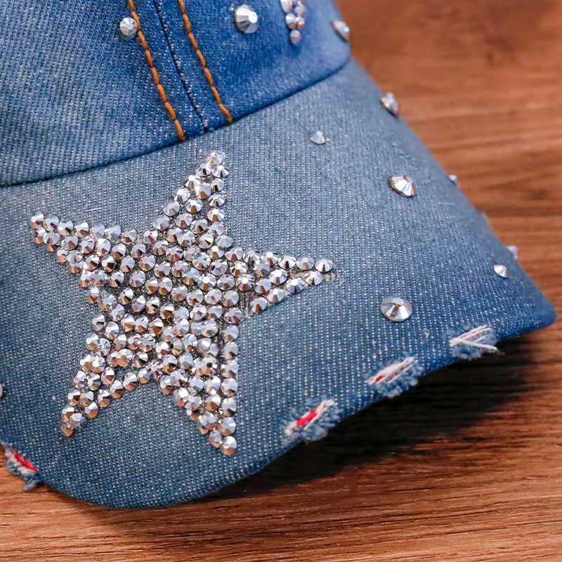 Diamond inlaid baseball cap Korean style womens summer sun hat denim letter rhinestone toe cap snap hip-hop hat W241225