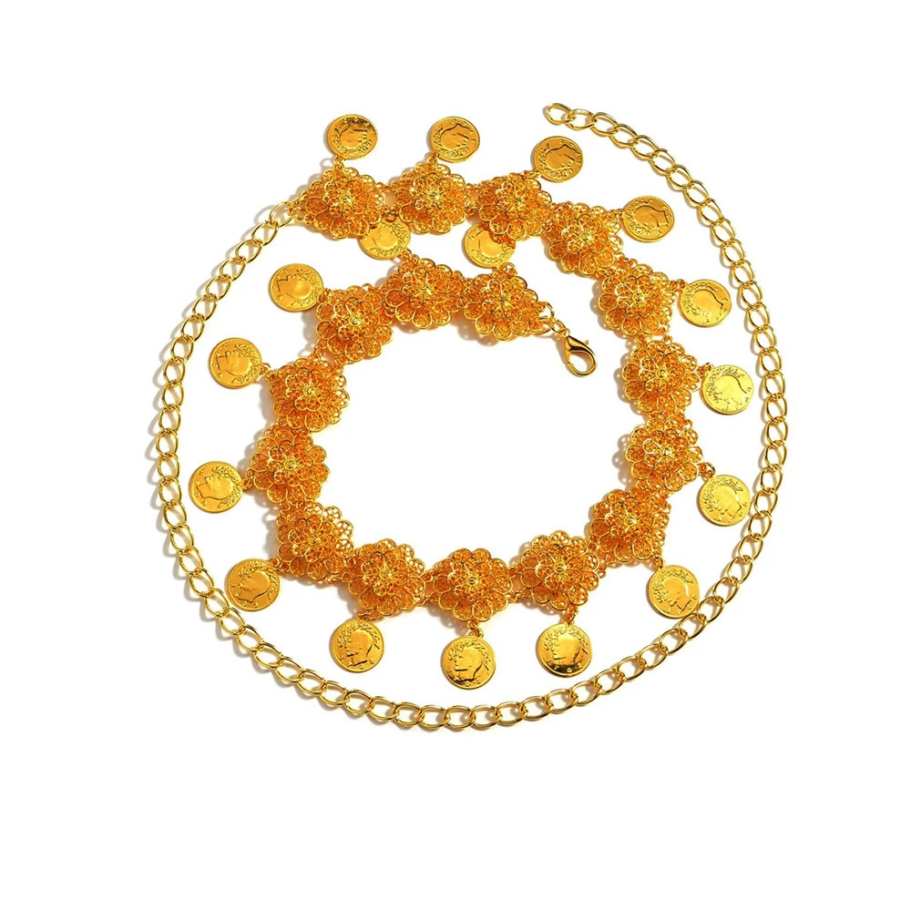 Fashion Waistband Jewelry Afghan Gold Color Metal Hollow Flower Coin Tassel Waist Chain Skirt Accessories Belt 241225