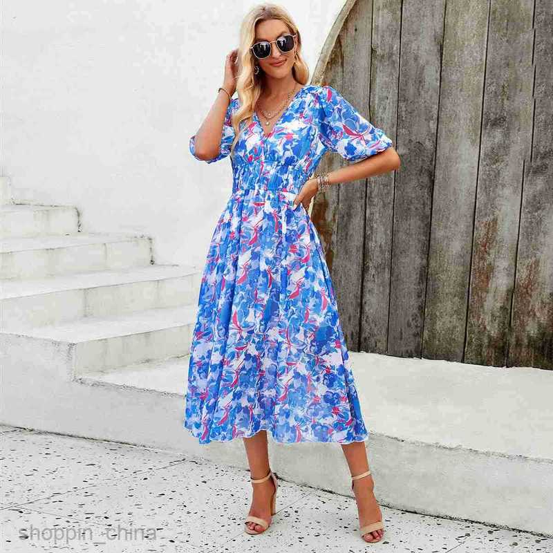 dresses for woman dress women's spring/summer vacation casual print waist cinched V-neck short sleeved long skirt