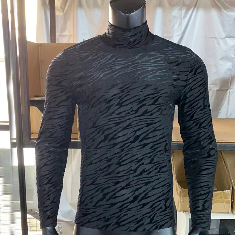 Mens T Shirts mesh see through black tshirt men shirts long sleeve leopard stripes bodycon slim fit streetwear high neck fashion party male