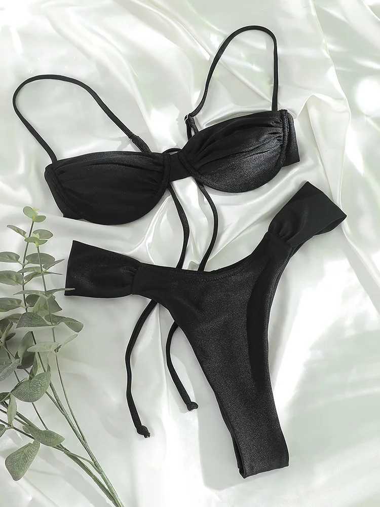 Rinabe Solid bikini push up swimsuit 2024 womens swimsuit bead bikini set mini thong Brazilian Biquini summer swimsuitW241225