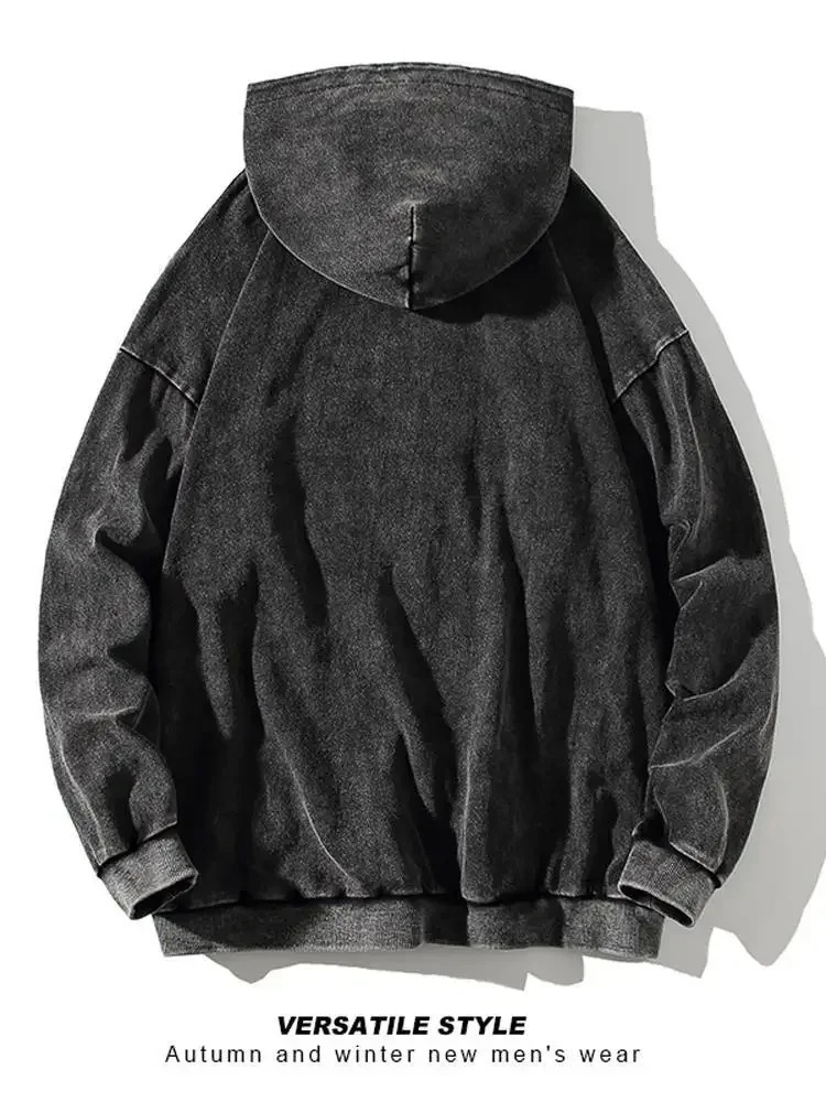 HAI Customizable Retro Washed Hoodies 100% Cotton Tops Black Acid Vintage Hooded Sweatshirts Oversize Hip Hop Male Pullover 241220