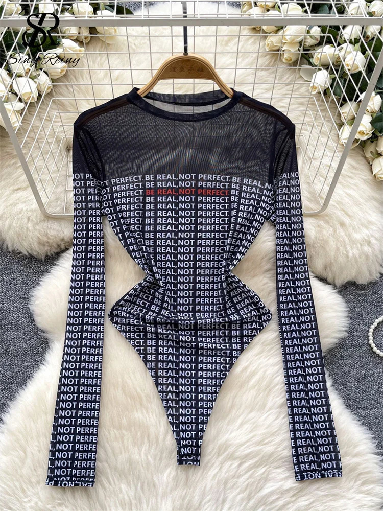 SINGREINY Sexy Ladies Bodysuits Long Sleeves Transparent Letter Print Chic American Fashion Slim sweet Mesh Playsuits 241225
