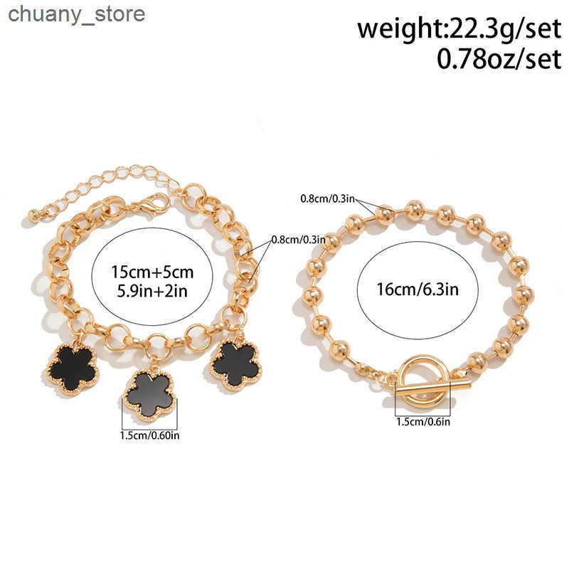 Chain Trendy Geometric Link Chain Set For Women Rhinestones Gold Color Five leaf flower clover Pendant Open Cuff Bangle Girls L240910