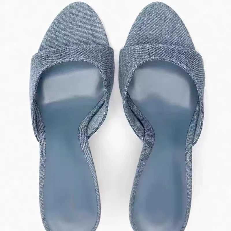 Summer New 2024 Pointed Denim with High Heels Womens Thin Heels Light Mouth Fashion Girls Cool Slippers DropshippingC241225