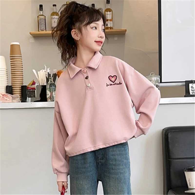 2024 Kids Polo Clothes for Girls Autumn Long Sleeve Polo T Shirts Girls Children Turn-down Collar Sweatshirt With Heart Age 5-14XJ241225