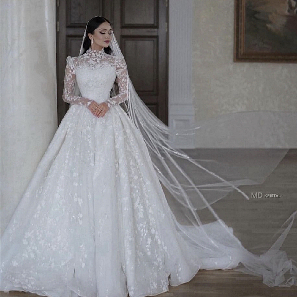 Princess Lace Wedding Dresses High Neck Long Sleeves Elegant Bridal Gowns Court Train 2025 Arabic Ivory Bride Dress