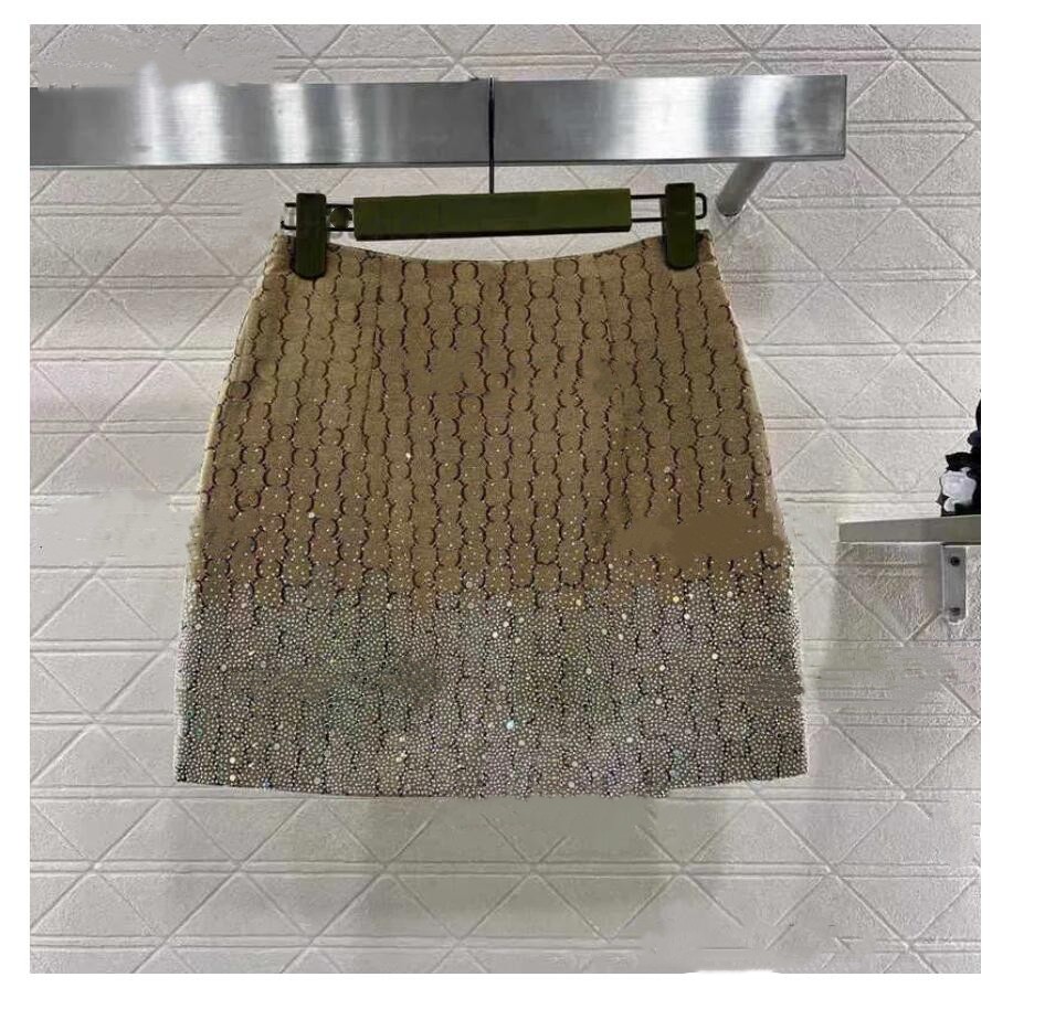 Women fashion high waist a-line log letter jacquard rhinestone shinny crystal patched luxury designer skirt SML