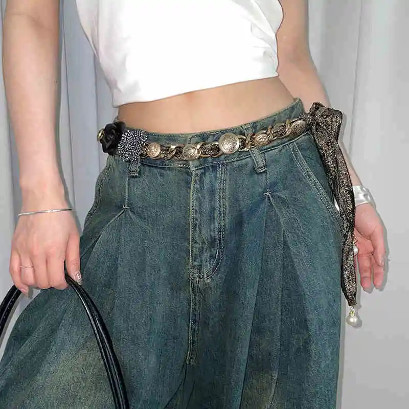 Niche fashion metal retro belt for womens y2k Chinese style flower high-end accessory waist chain 241225