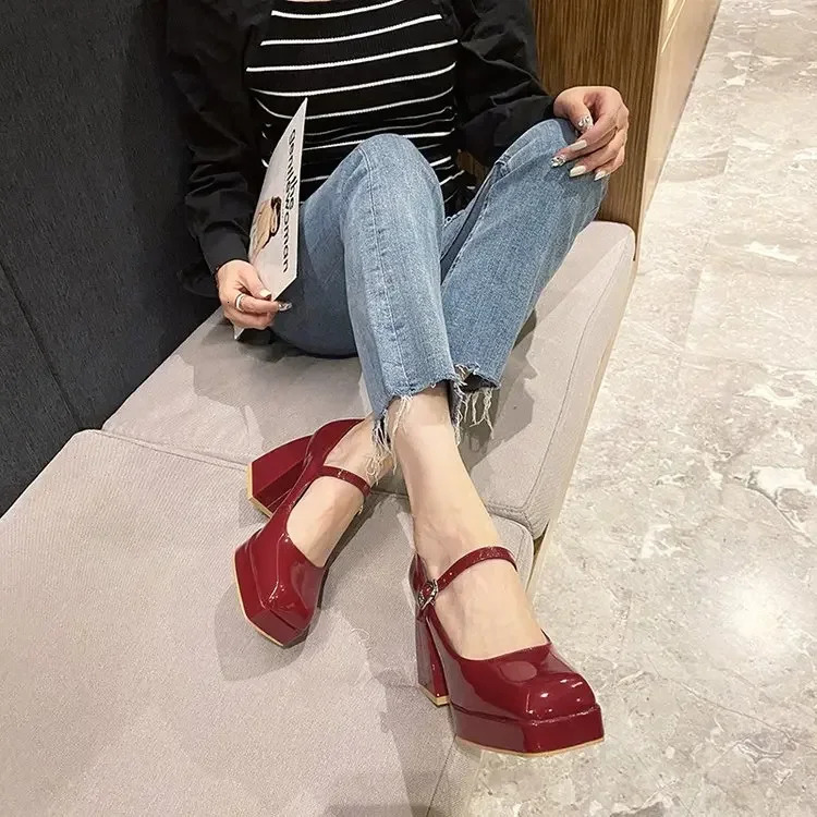 Platform Pumps Womens Square Toe Thick Heels Mary Janes Womens Patent High Heels Party Shoes Square Toe Square Heel 241225