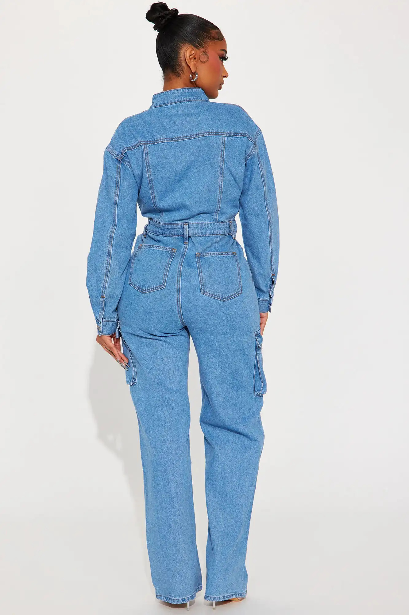 Multi Pockets Stretch Jeans Cargo Jumpsuit Sexy Women Turn Down Collar Elegant Denim Casual Romper Overalls 241224