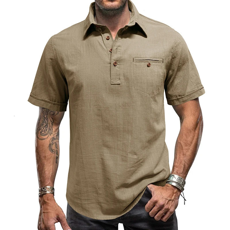 Vintage Cotton Linen Polo Shirts Men Summer Casual Short Sleeve Button Polo Collar Shirt Fashion Mens Clothes Solid Color Tops 241224
