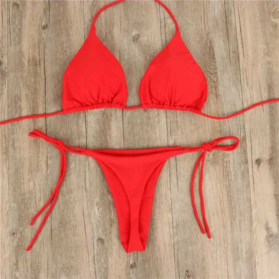 Womens bikini set sexy side tie thong swimsuit bandage fashionable Brazilian swimsuit ultra-thin bra simple sex underwear setW241225