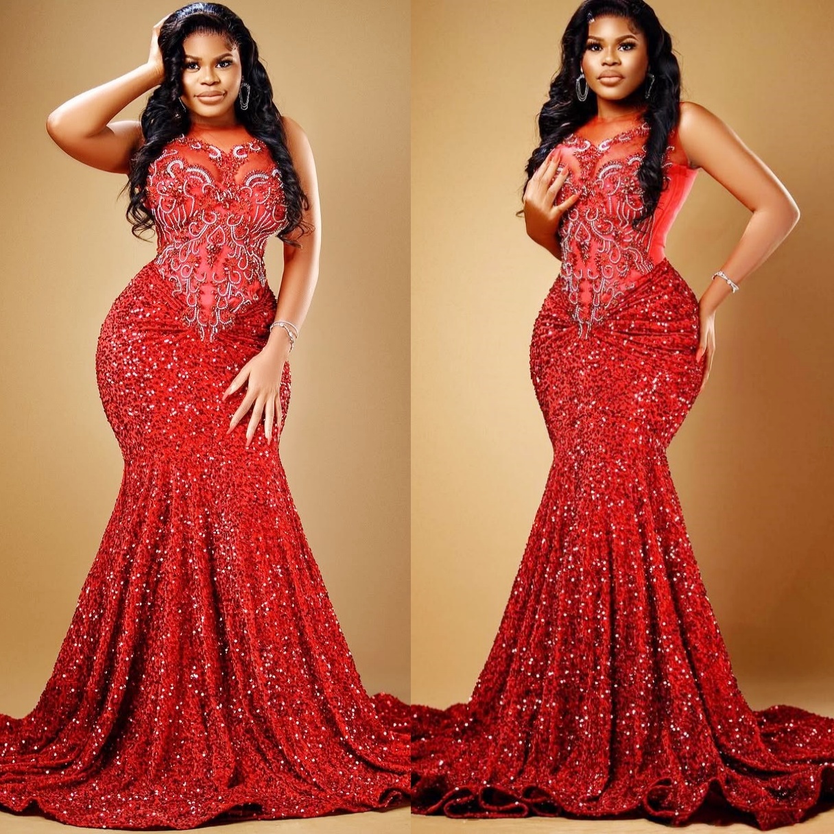 Mermaid Red Prom Dresses 2025 Beaded Sequined Lace Sheer Neck Evening Formal Party Second Birthday Engagement Gowns Plus Size Dress For Special Occasi