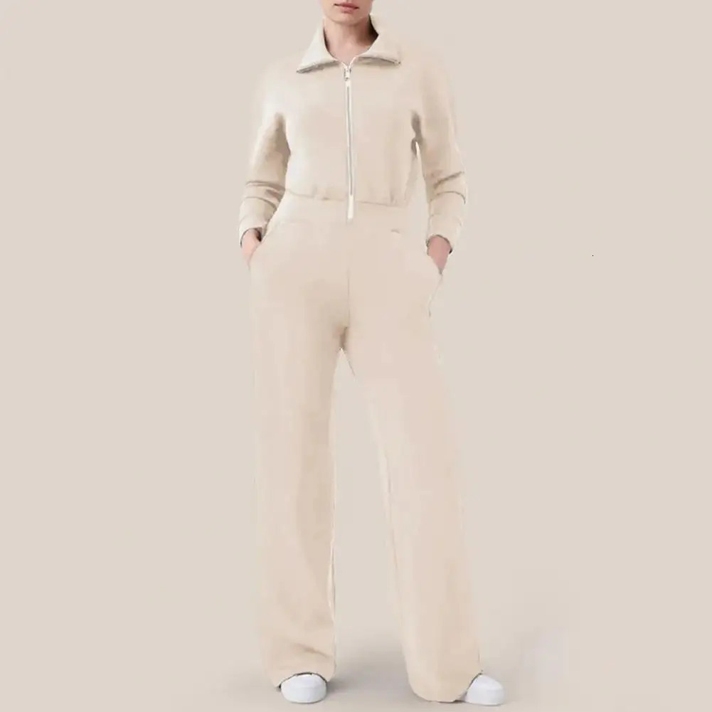 Wide Leg Jumpsuit Cozy Lapel Zipper Jumpsuit for Women Solid Color Ninth Sleeve Wide Leg with Pockets Fall Winter Lady Outfit 241224