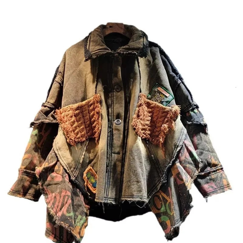 DEAT Autumn Trendy Loose n Worn Thickened Warm Denim Coat For Women Fashion Casual Splicing Jacket Female 11A01292 241223