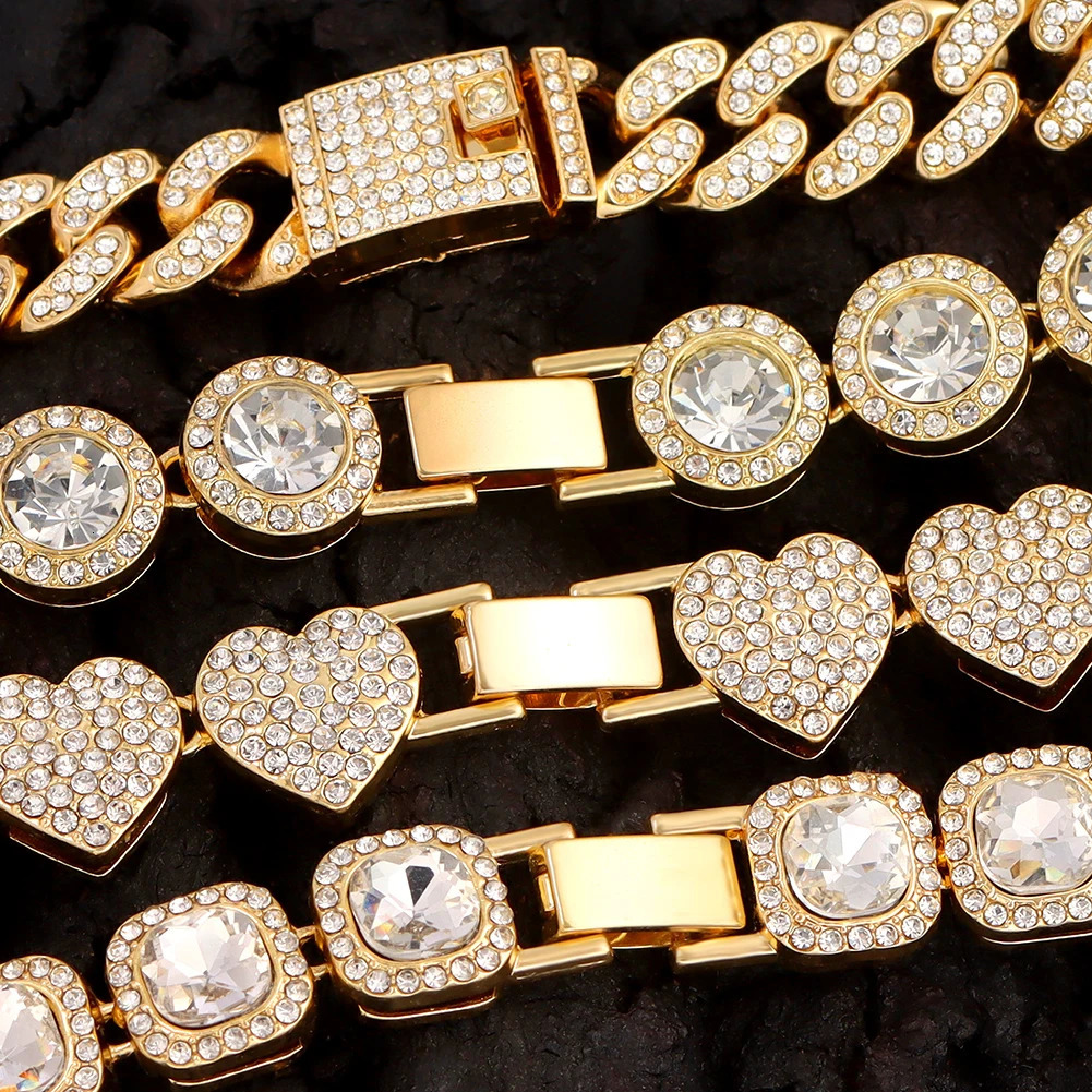 4Pcs Iced Out Chain Cuban Bracelet for Women Men Hip Hop Gold Silver Color Full Rhinestone Heart Circle Square Bracelet Jewelry 241225