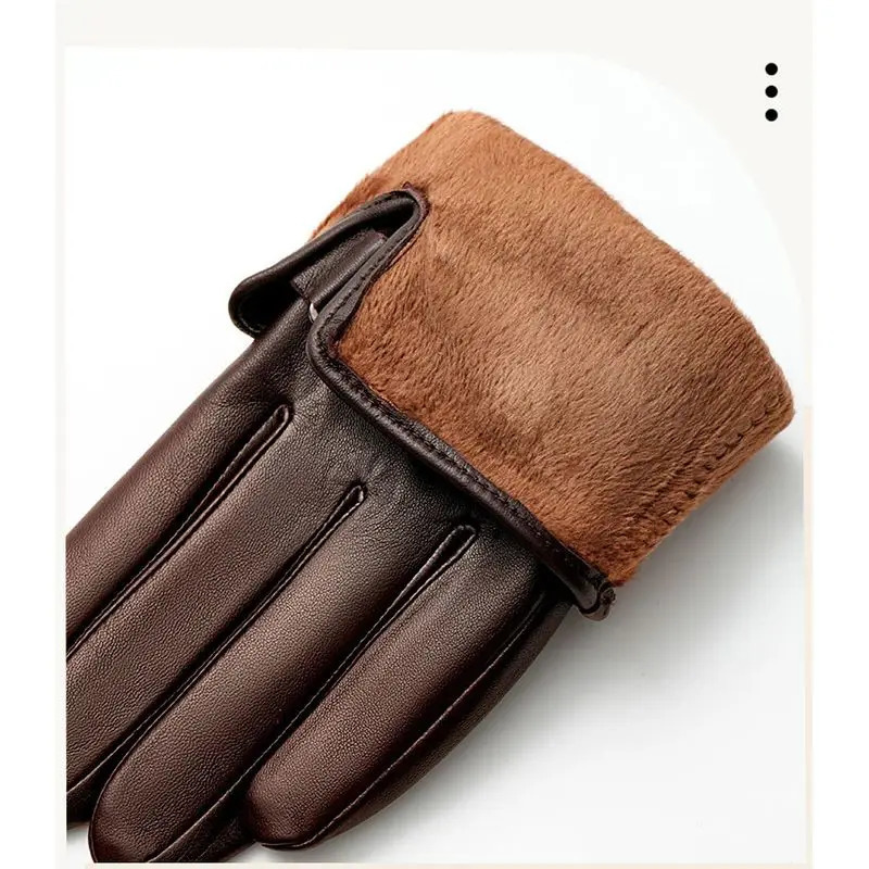Winter Genuine Sheepskin Leather Gloves Men Warm velvet lined Full Finger Touchscreen Outdoor Cycling Driving Motorcycle Gloves 241225