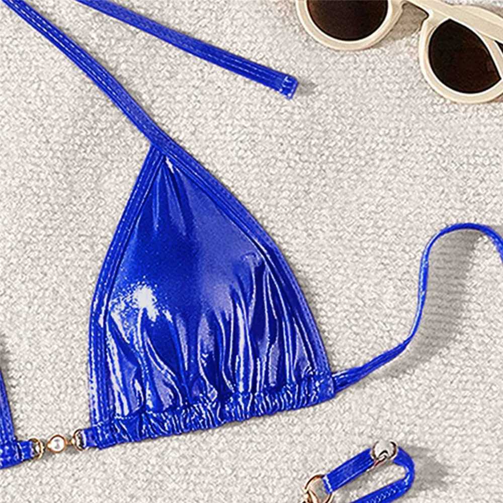 Blue bright surface swimsuit suspender bead triangle mini bikini unprinted high-quality sexy swimsuit womens bead swimsuit bikini setW241225