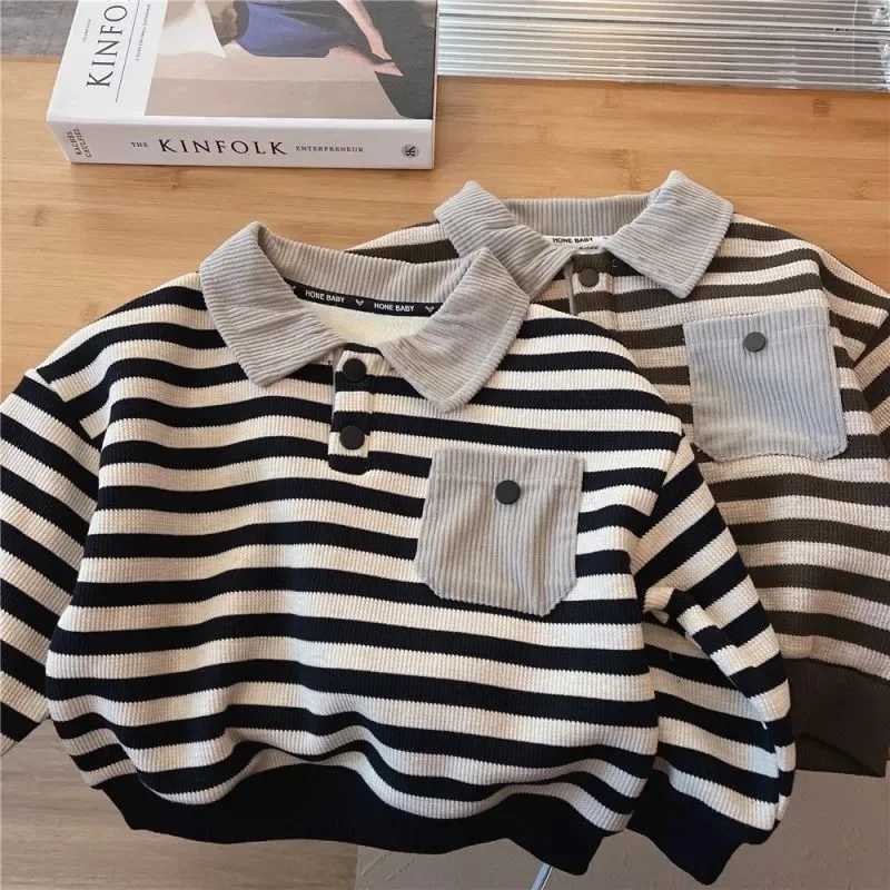 Boys Plush Sweater Autumn and Winter New Baby Long Sleeved POLO Shirt Korean Striped Childrens Winter ClothesXJ241225