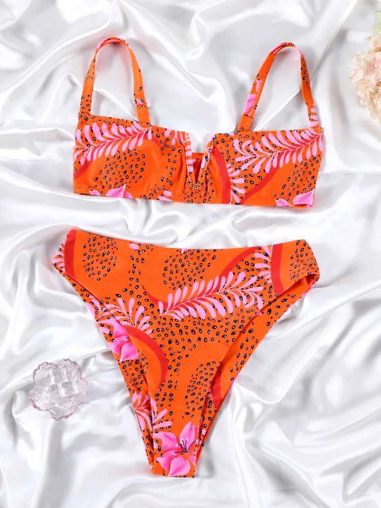 Rinabe Orange bikini high waisted swimsuit womens swimsuit 2024 beachwear printed swimsuit two-piece bikini set BiquinisW241225