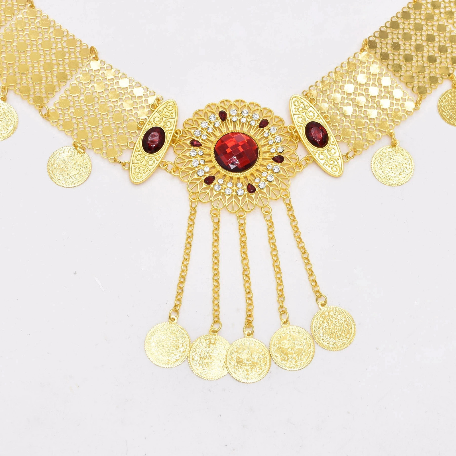 Bohemian Golden Metal Red Crystal Flower Waist Belly Chain For Women Dance Belt Hollow Coins Pendant Body Jewelry Accessory 241225