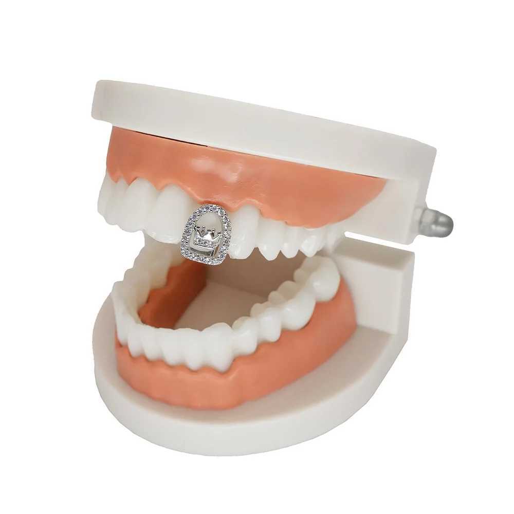 RACHELZ Single Zircon Hollow Crown Teeth Grillz Gold Color Hip Hop CZ Stone Tooth Cs For Women Men Jewelry Halloween GiftXJ241225