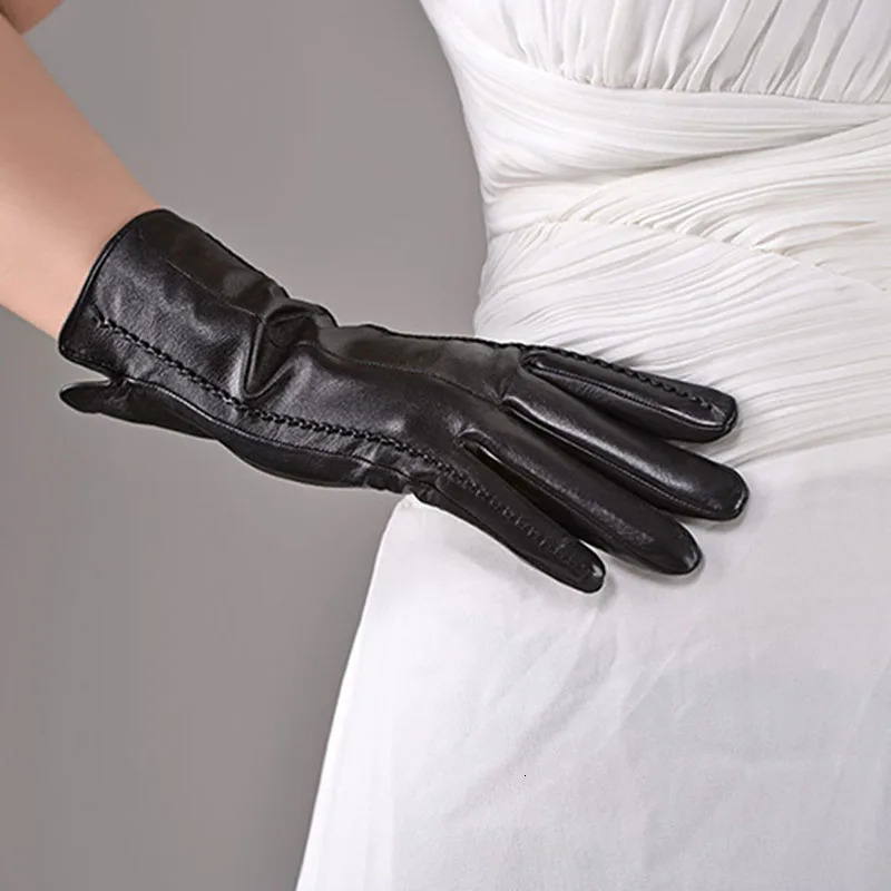 Leather Sheepskin Gloves Womens Mid-Length Stripes Plus Velvet Warm Autumn and Winter Windproof 241225