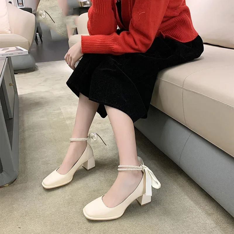Womens High Heels Bow Tie Thick Heel Square Toe Womens Shoes Shallow Mouth Mary Jane Shoes Fashion Party Shoes Zapatos 241225