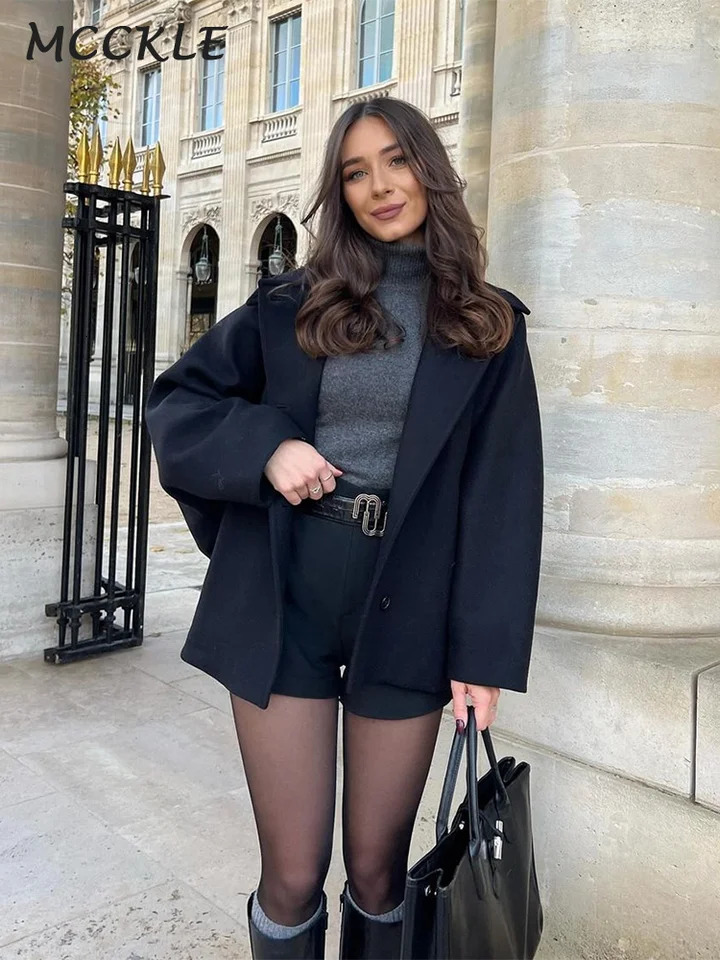 Singlebreasted Lapel Coat Loose Woolen Long Sleeve Pockets Short Jacket Female Autumn Winter Elegant Casual Tops Outwear 241225