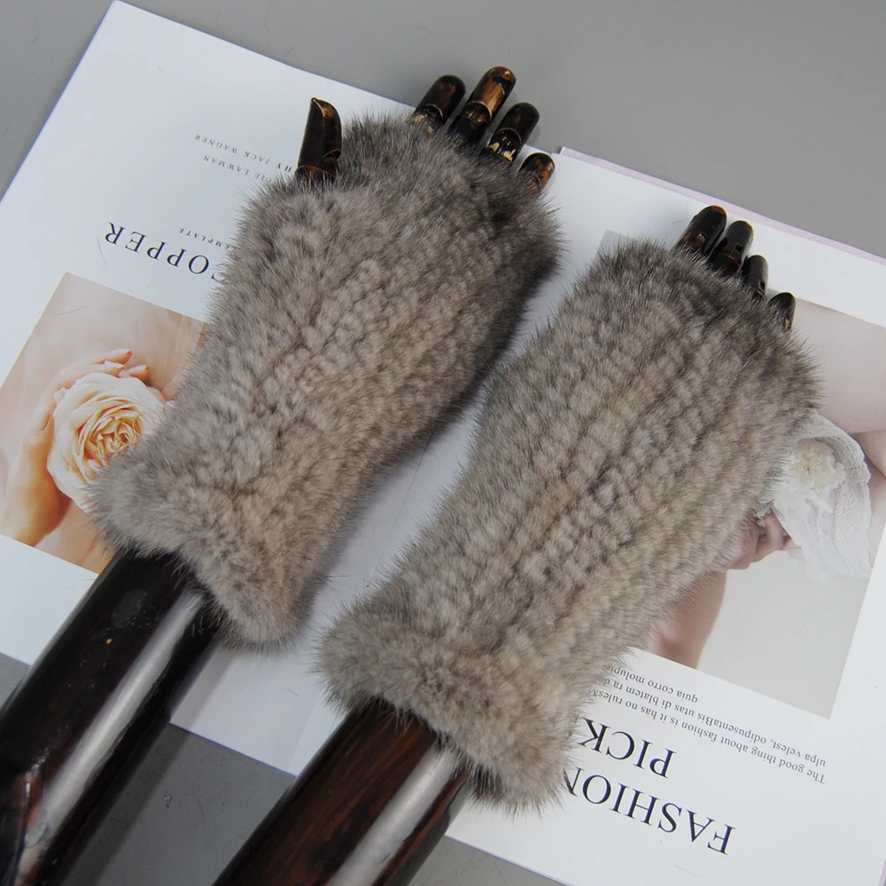 Lady Real Mink Fur Gloves Girls Real Knitted Mink Fur Fingerless Gloves Winter Strong Elasticity Real Mink Fur Mittens 241225
