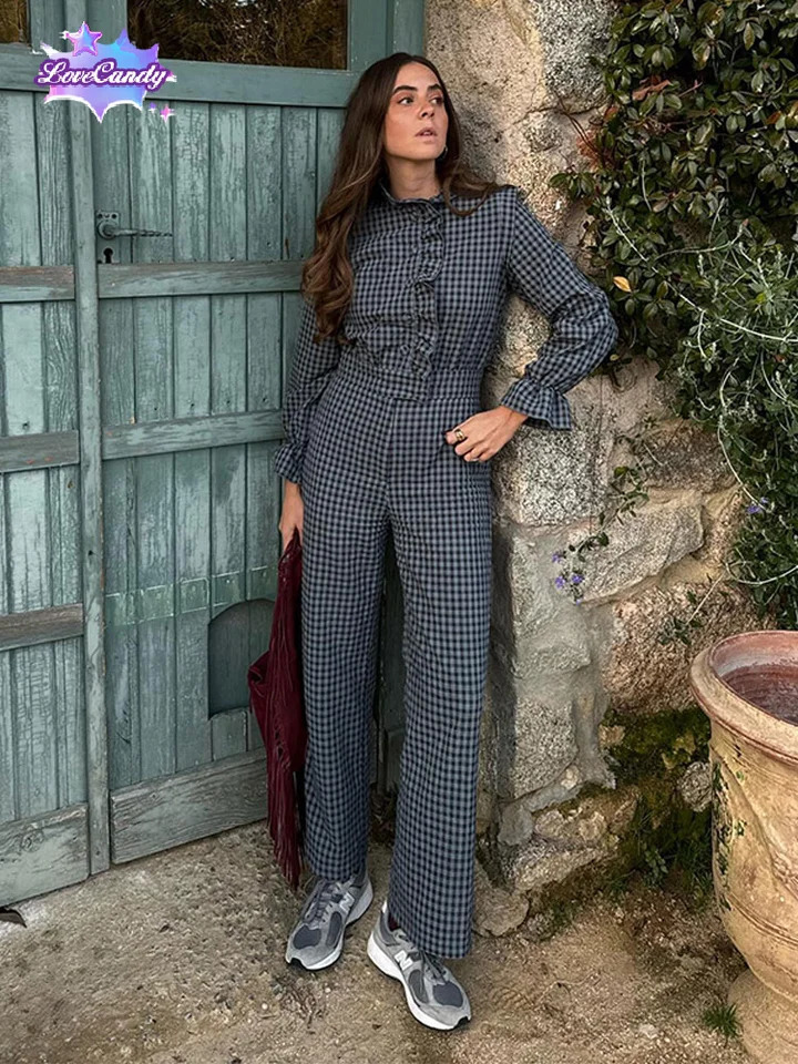 Women Vintage Plaid Ruffle Hem Button Jumpsuits Single Breasted Long Sleeve High Waist Jumpsuit Spring Lady Commuting Streetwear 241225