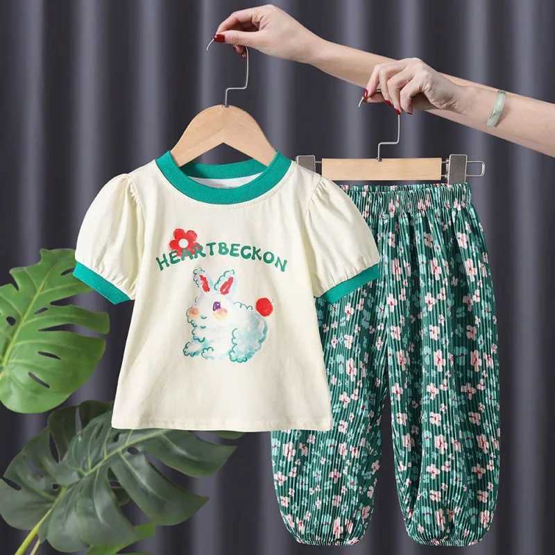 Clothing Sets Summer Baby Girls Clothes Set Cartoon Rabbit Printed T-shirts and Pants 2 Pieces Suit Children Fashion Flower Top Bottom OutfitsY241225H