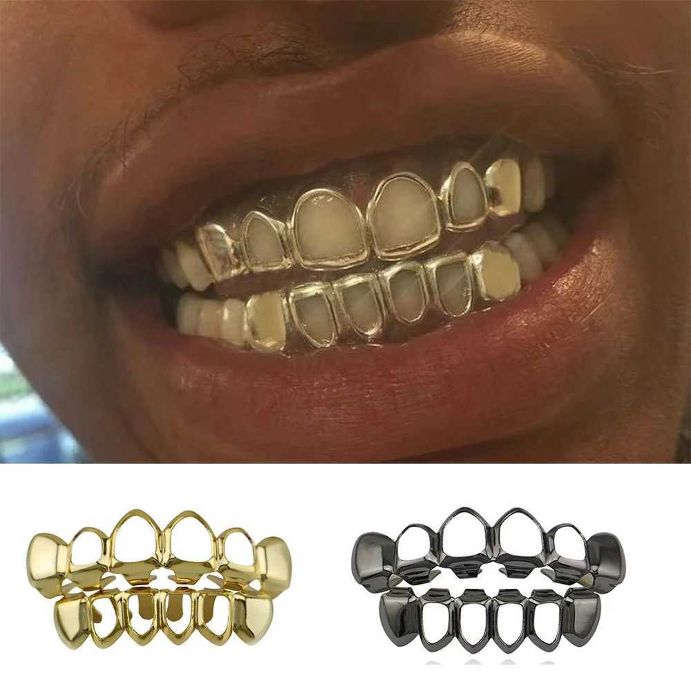 RACHELZ 6/6 Classic 4 Hollow Teeth Grillz Hip Hop Gold Silver Black Color Tooth Cs For Women Men Jewelry Halloween CosplayXJ241225