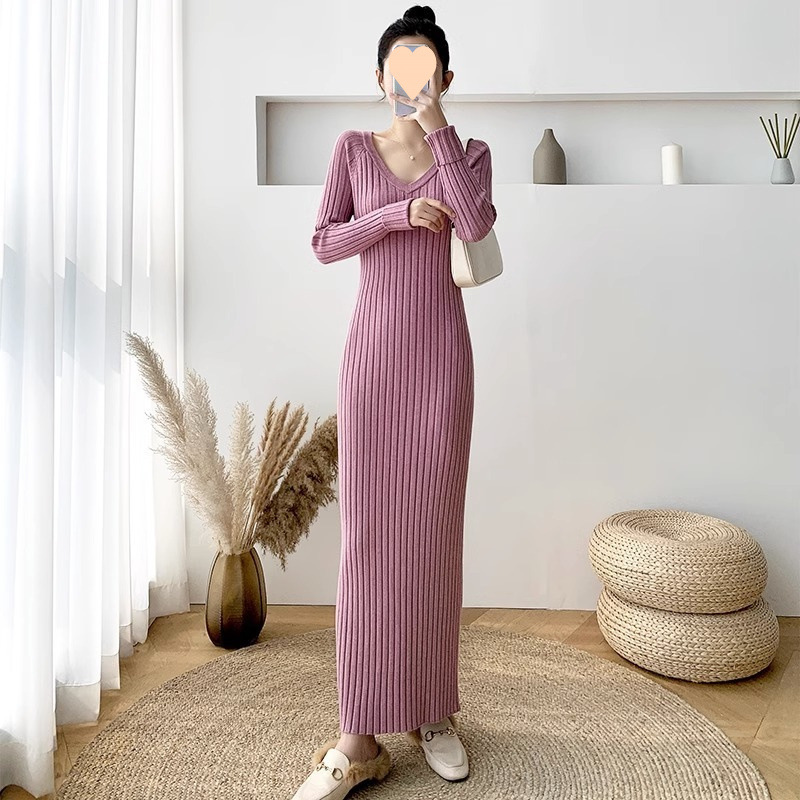FA1088 Long sweater dress over the knee for women new autumn and winter slim fit bottoming inner ankle knitted dress long skirt
