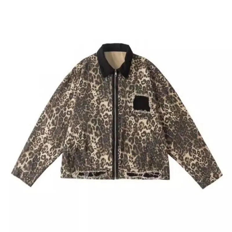 American leopard print handsome high street hip-hop zipper denim jackets women Y2K autumn winter trendy aesthetic couple jackets 241223