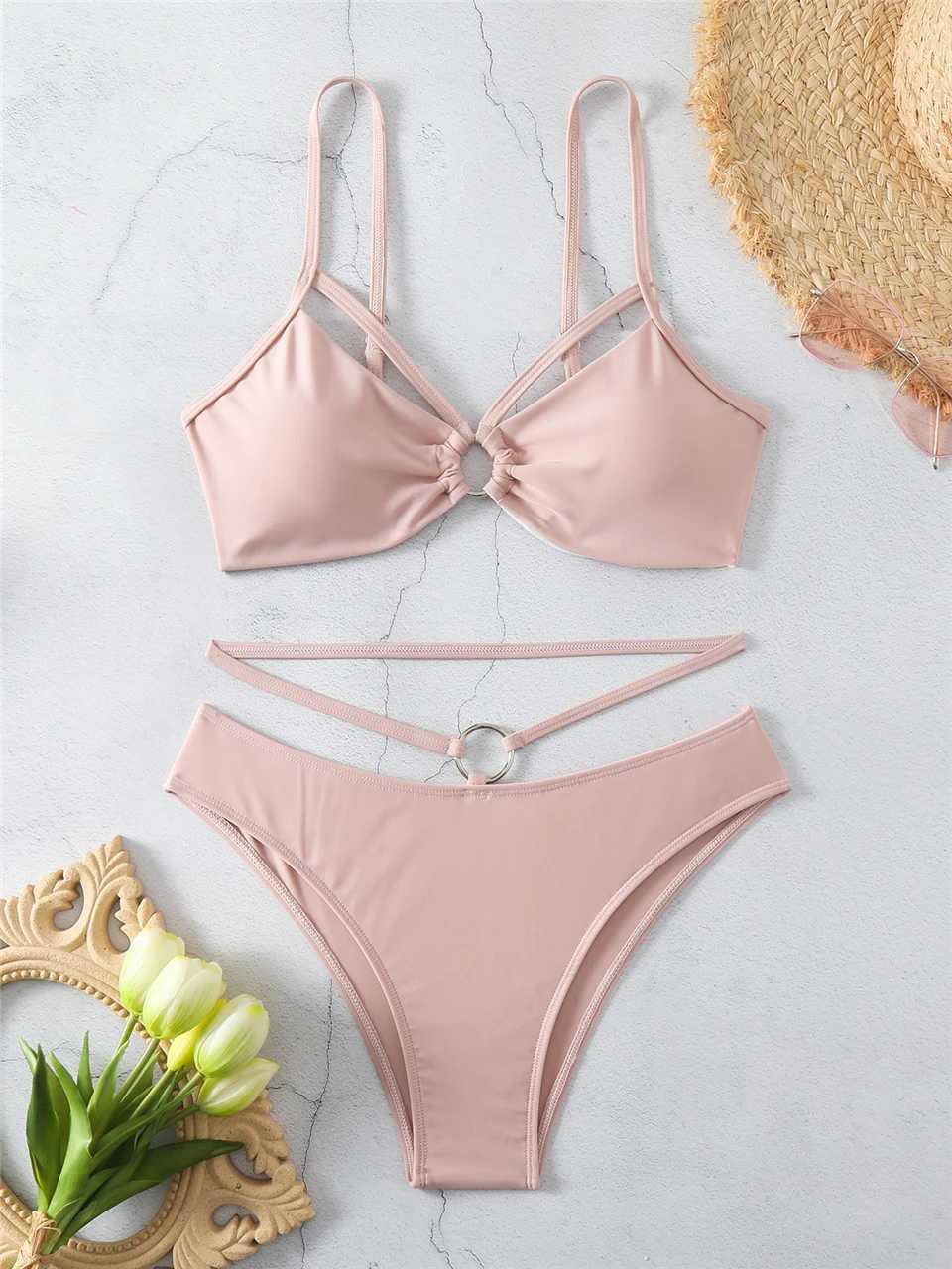 Buckle bikini 2024 womens shoulder strap swimsuit womens sexy solid swimsuit summer beachwear womens bath swimsuitW241225