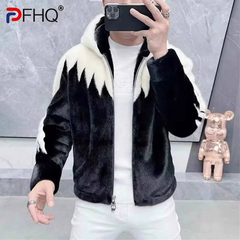 PFHQ Winter Mink Fur Hooded Mens Coat Onepiece Casual Jacket Warm 2024 Contrast Color Long Sleeve Male Tops 241225
