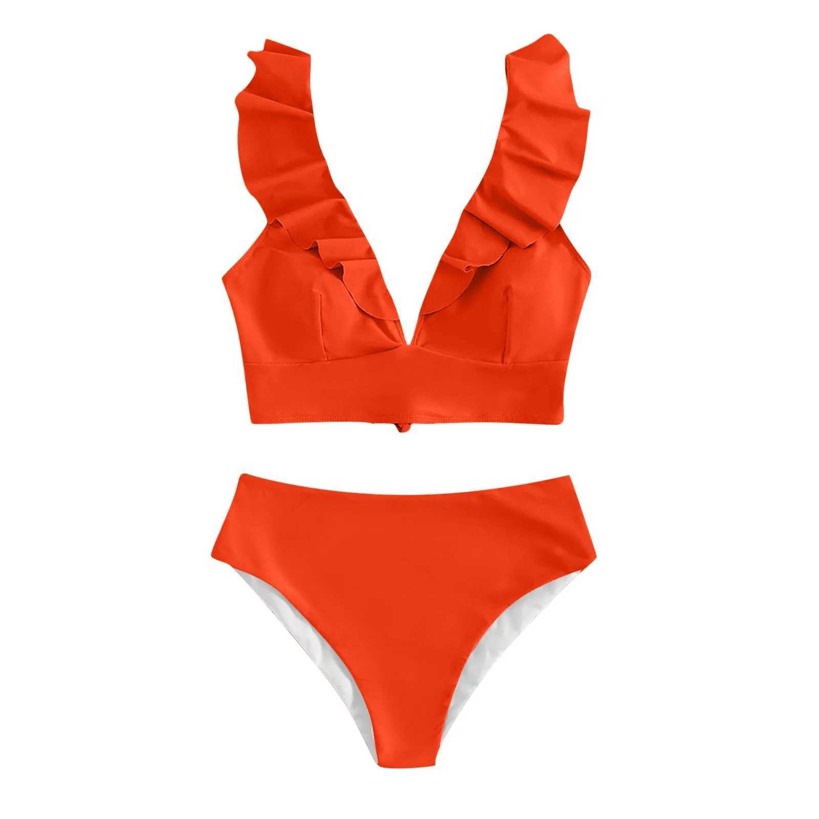 Womens summer swimsuit ruffled V-neck split swimsuit high waist split bikini womens swimsuit beach swimsuitW241225