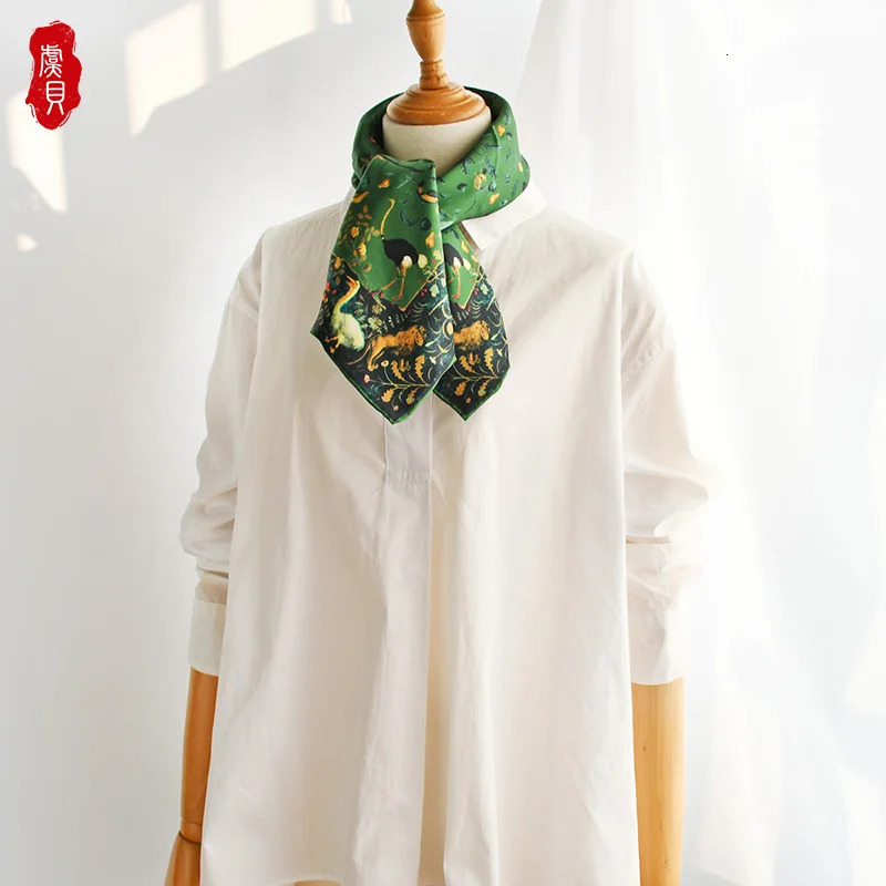Army green natural silk scarf women printed bird faux real silk twill scarves wrap shawl square 65cm bandana lady bufanda 241225