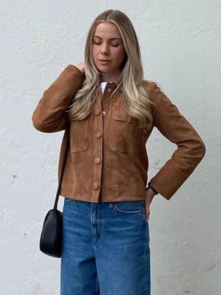 ZBZA Women Brown Suede Leather Jacket Vintage Lapel Single Breasted Long Sleeve Pocket Slim Outerwear Fall Winter Lady Chic Top 241220