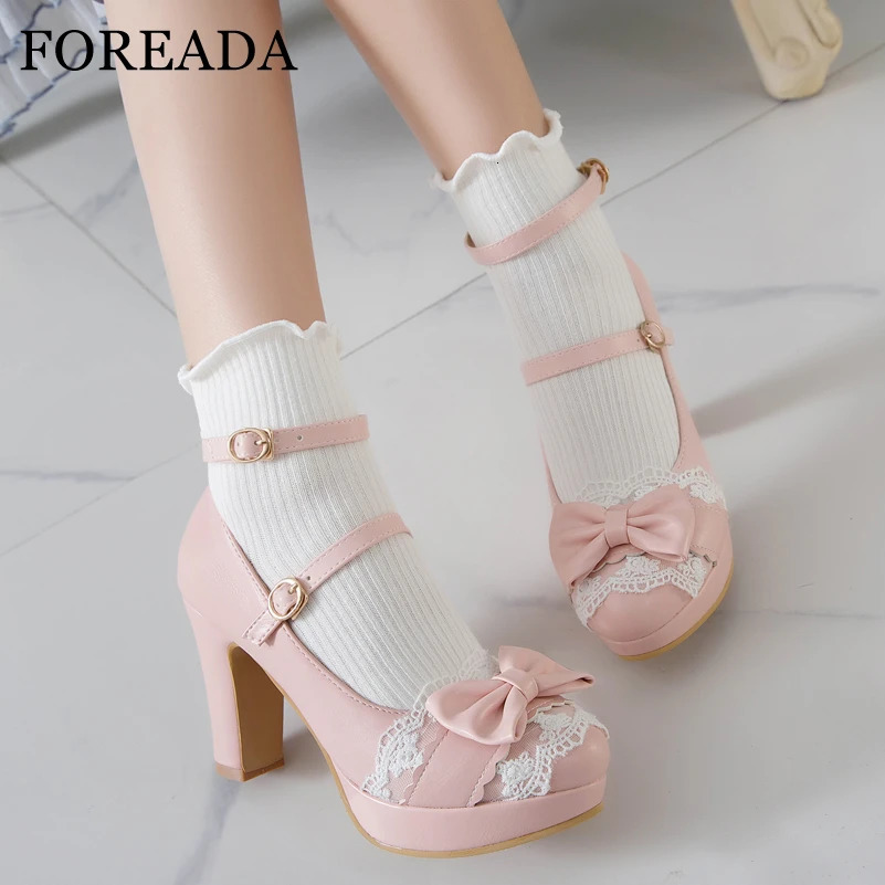 FOREADA Woman Lolita Style Buckle Shoes Platform Block High Heels Pumps Bow Round Toe Ankle Strap Lady Pumps Spring 34-43 Pink 241225