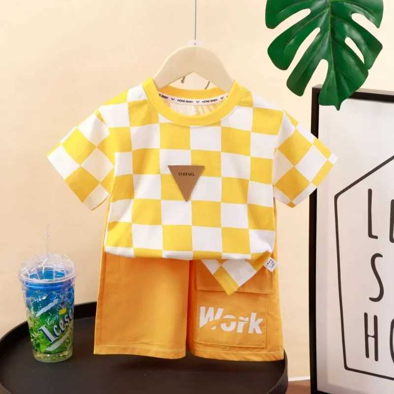 Clothing Sets Kids Cotton Clothes Boys Girls Summer Color Block T-Shirt Letter Shorts 2 Pieces Set Teenage Boy Plaid Tracksuit with ketY241225Q7CP