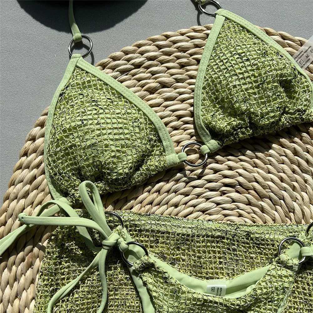 Green fishing net sexy swimsuit top womens 3-piece bikini set Damen Halter swimsuit 2025 beachwear beaded mini bikiniW241225