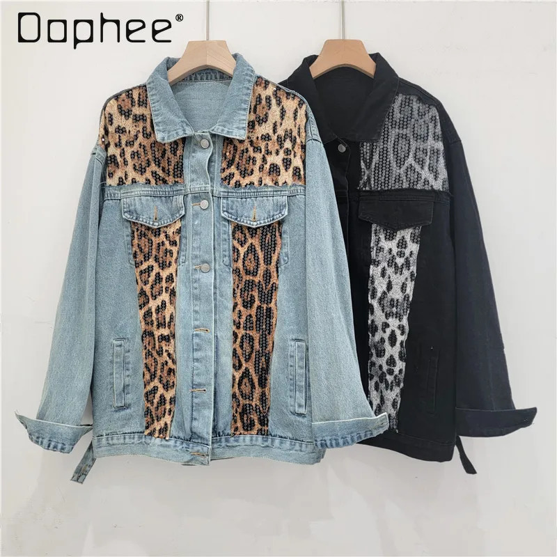Street Hipster American Retro Leopard Print Sequined Splicing Denim Jacket Women Autumn Casual Loose Long Sleeve Jacket Top 241223