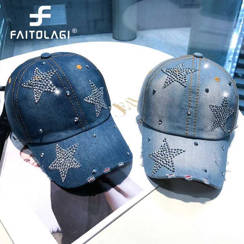 Shining rhinestone womens baseball cap punk pentagram pea cap hip-hop duck tongue cap blue denim duckbill cap pad W241225