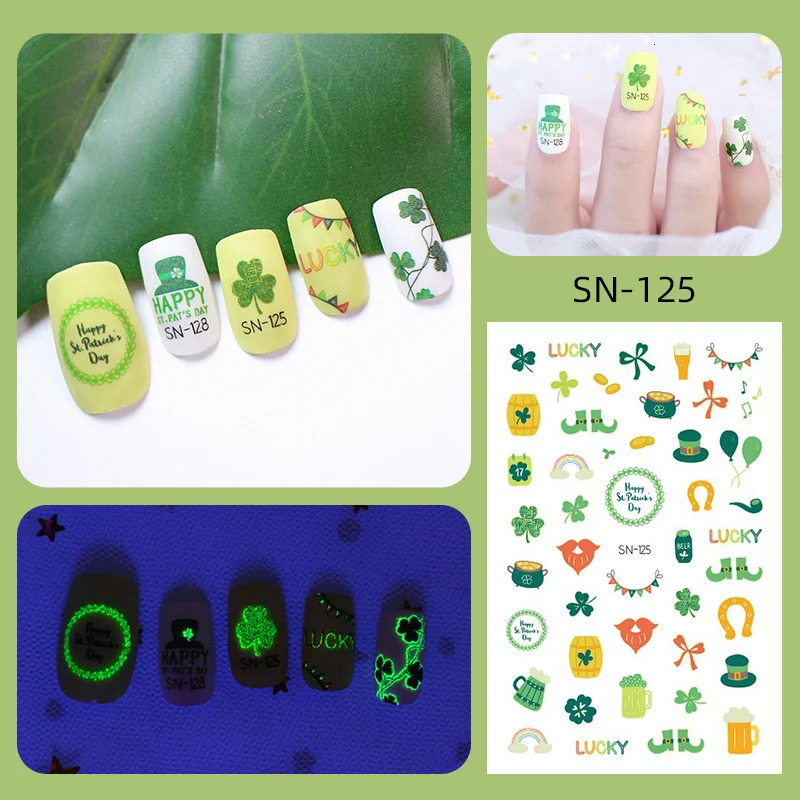 1Pc Spring Four Leaf Clover Nail Decal And Sticker Flower Leaf Tree Green Saint Patrick Days DIY Slider For Manicuring Nail Tool 241225