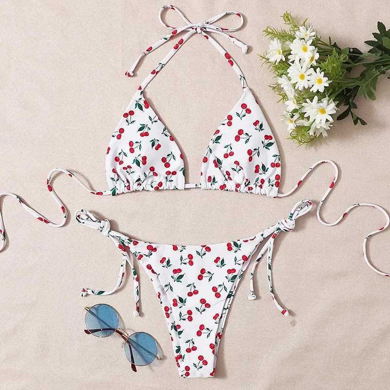 Cherry Print swimsuit suspender mini bikini thong sexy swimsuit womens lace top yukata triangle bikini 2024 MUJIW241225