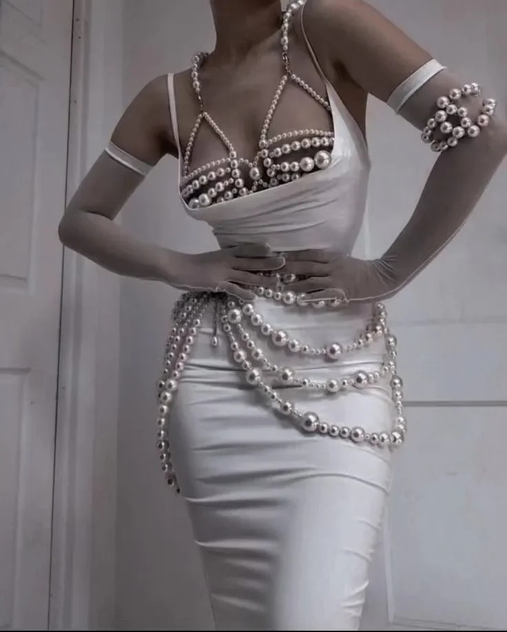 Y2K Accessories Pearl Geometric Bra Chain for Women Beads Vintage Sweet Fashion Cool Body Accessories 90s Aesthetic Waist Chain 241225