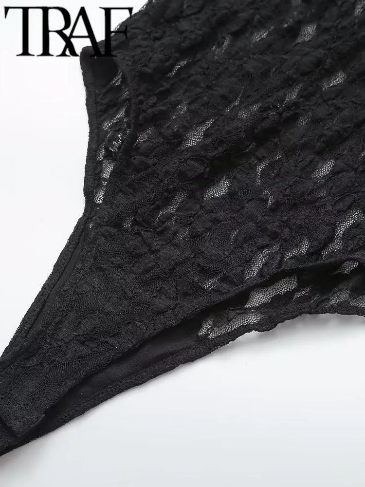 TRAF Sexy Sheer Lace Women Bodysuit Spring Mock Neck Slim Long Sleeve Top Female Playsuit Y2K Jumpsuits Black 241225